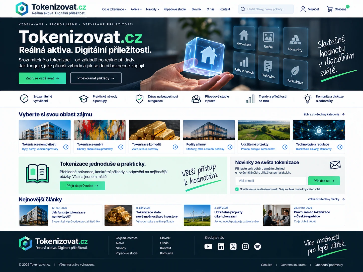 Ilustrační návrh platformy Tokenizovat.cz pro tokenizaci různých druhů aktiv